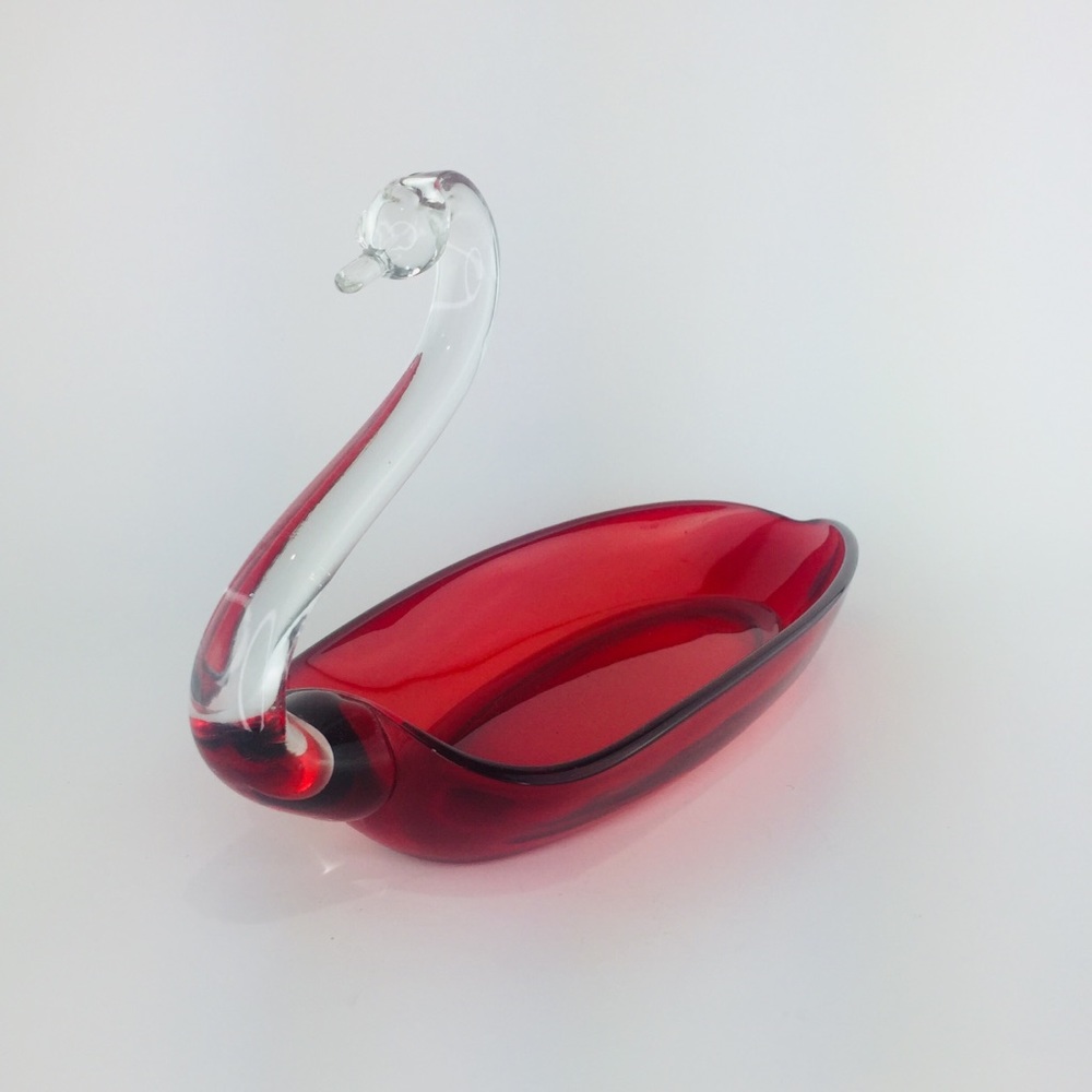 Vintage 1960s Red Glass Swan Dish / Trinket Bowl